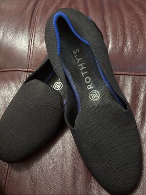 Rothy's Black Slip-On Loafers with Blue Trim